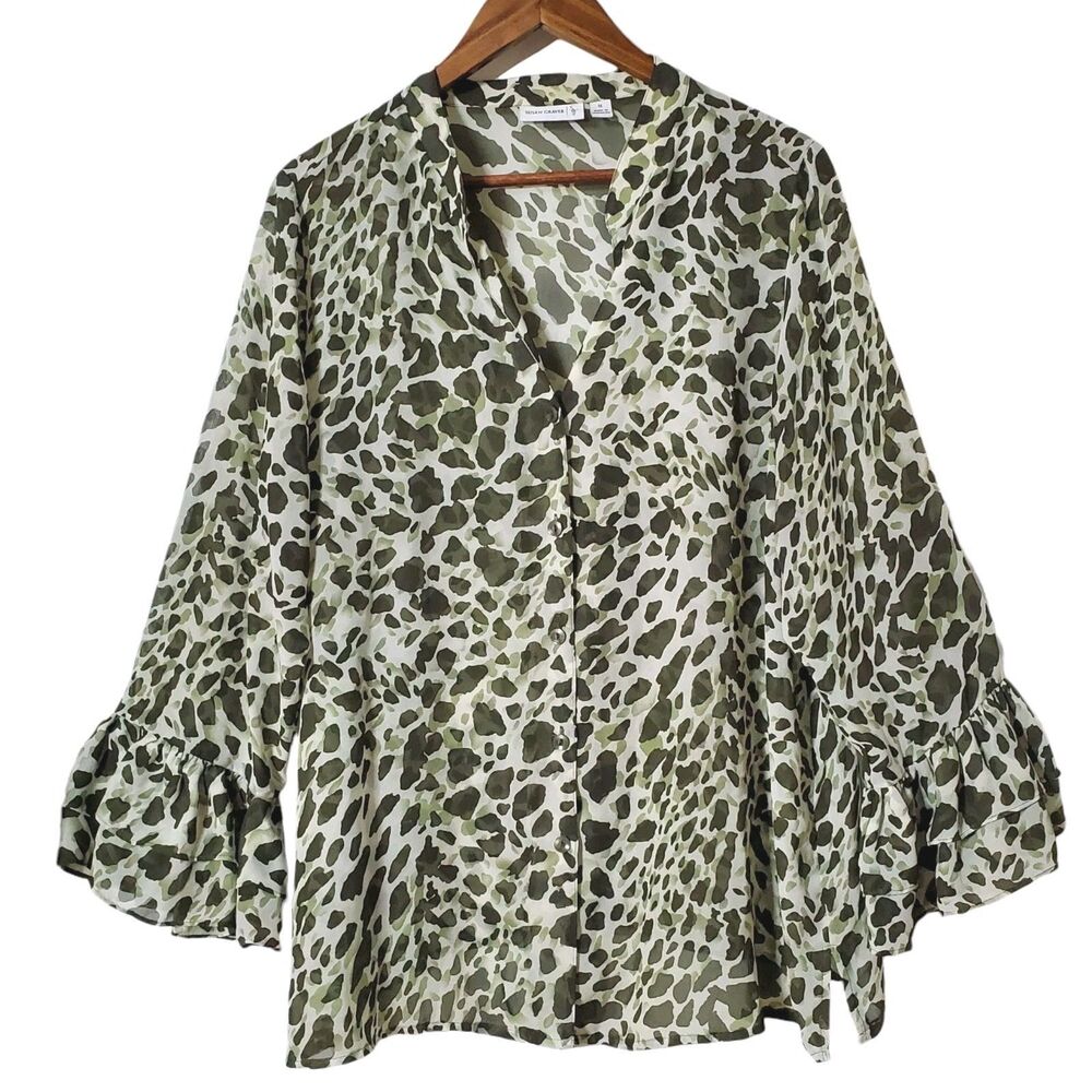 Susan Graver Flounce Bell Sleeve Top Blouse Size 1X Plus Green Printed Womens